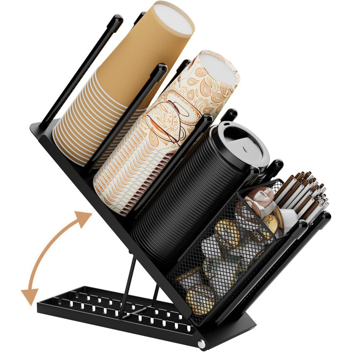 Ovicar Cup and Lid Holder – Adjustable Coffee Cup Holder, Organizer, 4 Compartments, Disposable Cup Dispenser with Coffee Capsule Straws, Storage Basket for Coffee Station, Bar, Countertop
