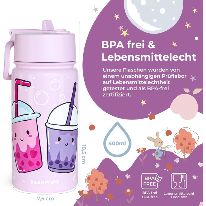 Дитяча термопляшка Bearfoot з нержавіючої сталі з трубочкою, 400 мл, без BPA, не протікає, для дівчаток та хлопчиків, ідеальна для школи та дитячого садка (Ліден - Bubbletea)