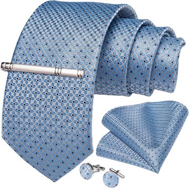 Набір краваток чоловічий DiBanGu з шовковим смугастим та клітинчастим візерунком, з нагрудним хустиною, запонками та краваткозажимом для весілля та офіційних заходів, світло-блакитний