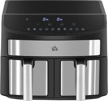 HOMCOM 8L Hot Air Fryer with Double Chamber, Air Fryer with 10 Programs, 2400W Air Fryer with Touchscreen, Recipe Book, Oil-Free, Black