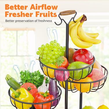Багатоярусна підставка для фруктів PouHenier.jh – 5 ярусів, чорний колір, з тримачем для бананів. Металева підставка для фруктів та овочів, органайзер для кухні