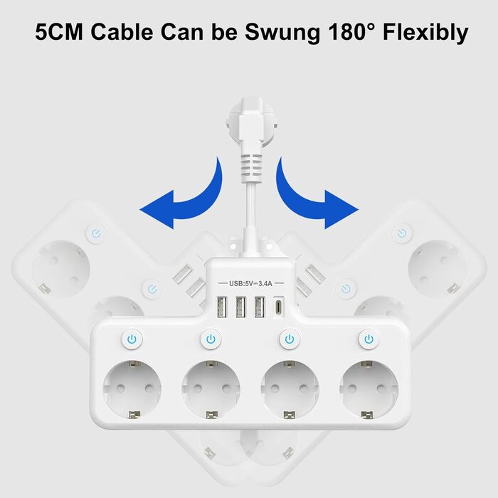 Мережевий фільтр з USB, 4 розетки з індивідуальним вимикачем, 3 USB та 1 Type-C (5V 3.4A) для кухні, вітальні, спальні, офісу