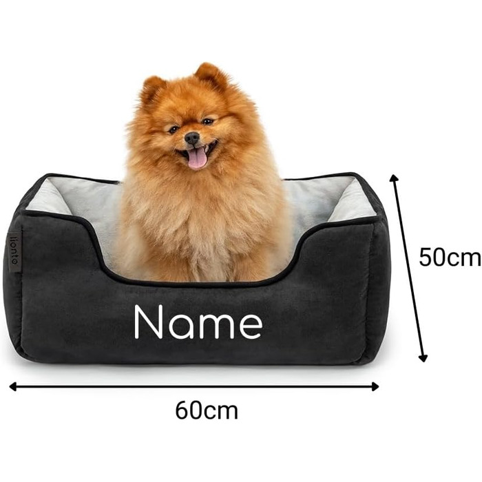 Ліжко для собак Lionto 2-в-1 з комфортним входом, м'яке домашнє ліжко для тварин, яке можна перевертати, 80x60 см, подушка для собак з легкою у догляді імітацією замші, сірий колір (Д 60 x Ш 50 x В 22 см (з нанесенням імені), Чорний/Сірий)