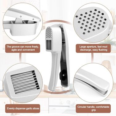 Прес для часнику з нержавіючої сталі 2-в-1, подрібнювач та шинковка часнику та імбиру, прес для часнику, ручний, легкий у чищенні, сумісний з посудомийною машиною, міцний, срібний