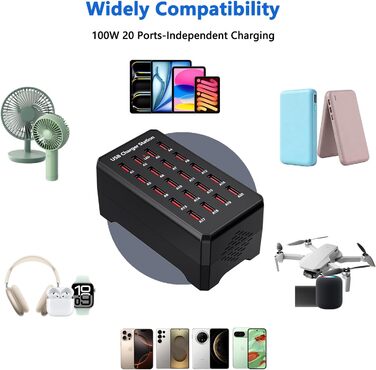 USB-зарядний пристрій 20 портів 100W/20A, настільна станція для iPhone 14/15/16, Samsung Galaxy S23/S24, Google Pixel, планшетів та інших USB-пристроїв