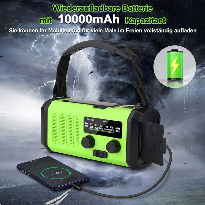 Радіо на сонячній енергії з ручним заводом Solar Radio AM/FM, Powerbank 10000mAh, LED ліхтарик, SOS сигнал, USB-C зарядка для телефону, зелений