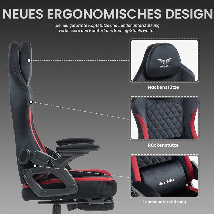Геймерське крісло Racing Ergonomic з регульованою подушкою для голови та підставкою для ніг, тканинна оббивка, чорно-червоне