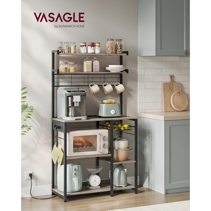 Полиця кухонна VASAGLE з розетками, стелаж для мікрохвильової печі, 8 гачків S-подібної форми, кухонний шафчик, органайзер для спецій, 40 x 90 x 165,5 см, коричневий вінтаж та чорний, KKS031K11