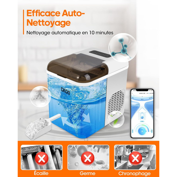 Smart Ice Maker Machine with WiFi Control - 15KG Daily Capacity, Fast Ice Production (9 Cubes in 6 Minutes), Self-Cleaning, 2 Ice Sizes for Kitchen, Office, Bar, Party, RV (White)