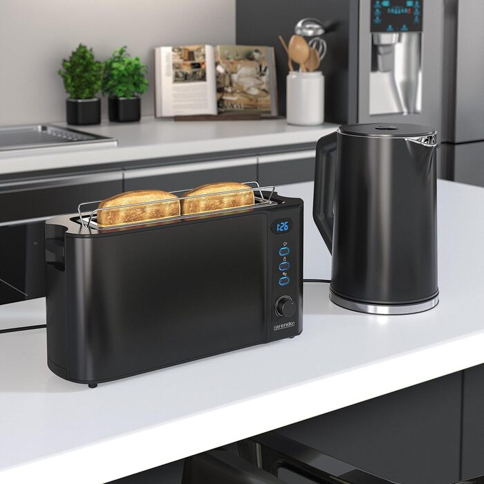 Набір чайник та тостер Arendo з нержавіючої сталі, чорний. Чайник 1.5л, регулювання температури 40-100°C, тостер на 2 тости з LED-дисплеєм, 6 ступенів підсмажування, підставка для булочок.
