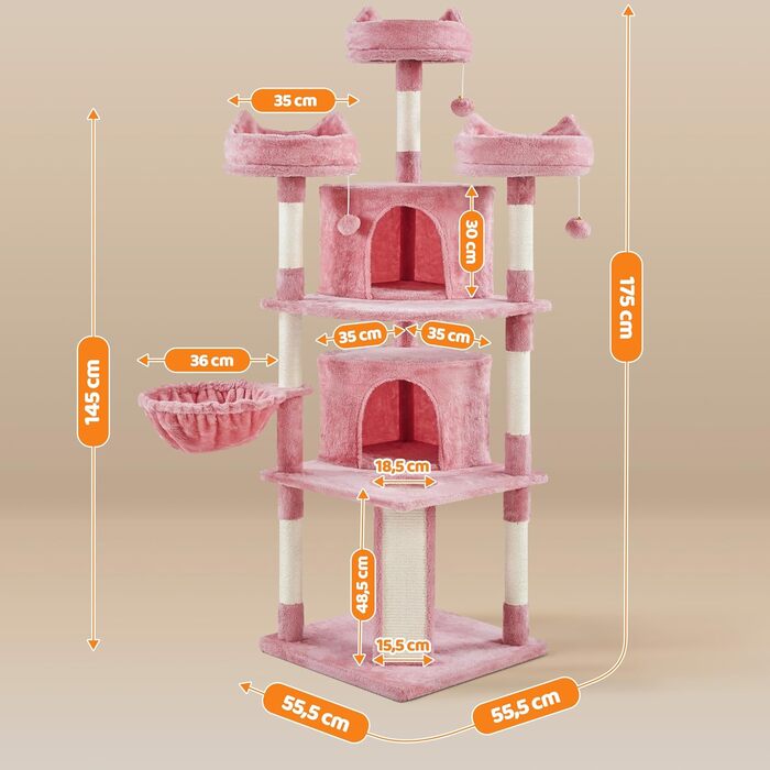 Кігтеточка-комплекс Yaheetech для котів 174 см з 3 платформами, ігровий будиночок, рожевий