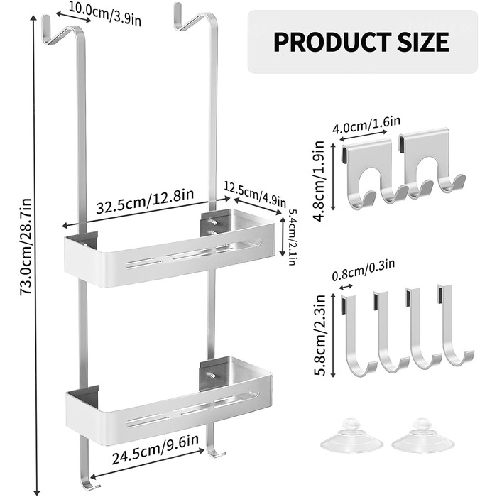AIGOCITY Shower Shelf for Hanging Without Drilling for Glass Shower Doors, Silver, with 6 Hooks for Frameless Glass Door, Stainless Steel