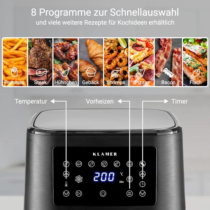 Фритюрниця KLAMER 5,5 л XXL без олії, 1700 Вт, аерофритюрниця з LED-екраном, цифровою німецькою книгою рецептів, багатофункціональна міні-фритюрниця з нержавіючої сталі