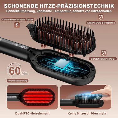 Іонізаційна щітка-випрямляч для волосся iToncs 2-в-1 з захистом від опіків та функцією пам'яті, LCD-дисплей, 5 температурних режимів (120°C-230°C), чорна