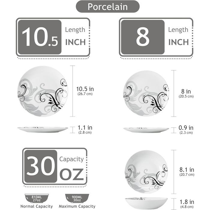 Набір посуду VEWEET 18 предметів на 6 осіб: тарілки, супові тарілки, десертні тарілки. Сучасний сервіз з порцеляни.