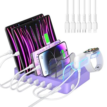 Зарядна станція SooPii USB з органайзером на 6 портів 50W, біла. В комплекті 6 кабелів та тримач для iWatch
