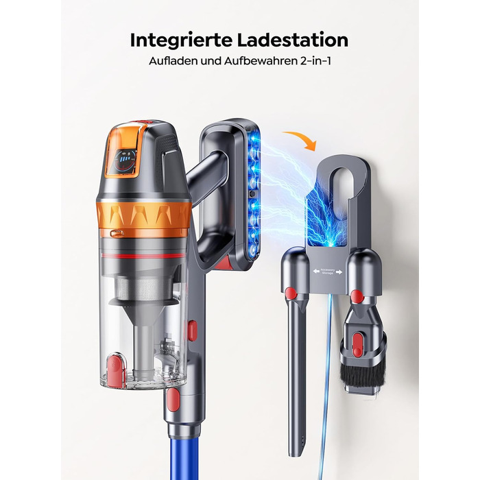 SMOTURE Бездротовий акумуляторний пилосос 650W 50KPA з міні-турбощіткою для шерсті тварин, 60 хв роботи, самостійна підставка, станція зарядки на стіні, автоматичний режим для килима/твердої підлоги