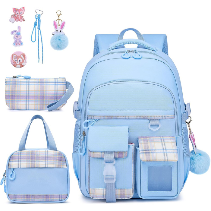 Шкільний рюкзак для дівчаток, водонепроникний та дихаючий, для 1-5 класів з відділенням для ноутбука, блакитний + ізольована ланч-сумка + пенал