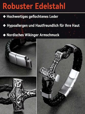 Браслет вікінга Thor's Hammer FaithHeart для чоловіків, плетіний шкіряний браслет з подарунковою коробкою, 21 см, сріблястий молот Тора