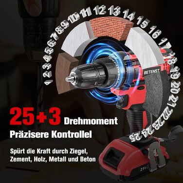 Акумуляторний дриль-шуруповерт BETENST 21V з 2 акумуляторами 2.0Ah, 42Nm, 25+3 ступені крутного моменту, 2 швидкості, LED-підсвічування, 30-ти елементний набір для дому, саду та DIY проектів