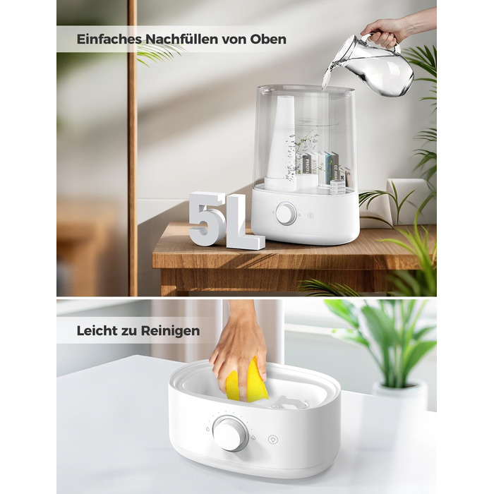 Зволожувач повітря AROEVE 5L з верхнім заповненням, ультразвуковий, холодний туман, для спальні з дифузором ефірних олій, 360° поворотний носик, 28dB нічне підсвічування, 50 годин роботи, для дитячої кімнати, рослин