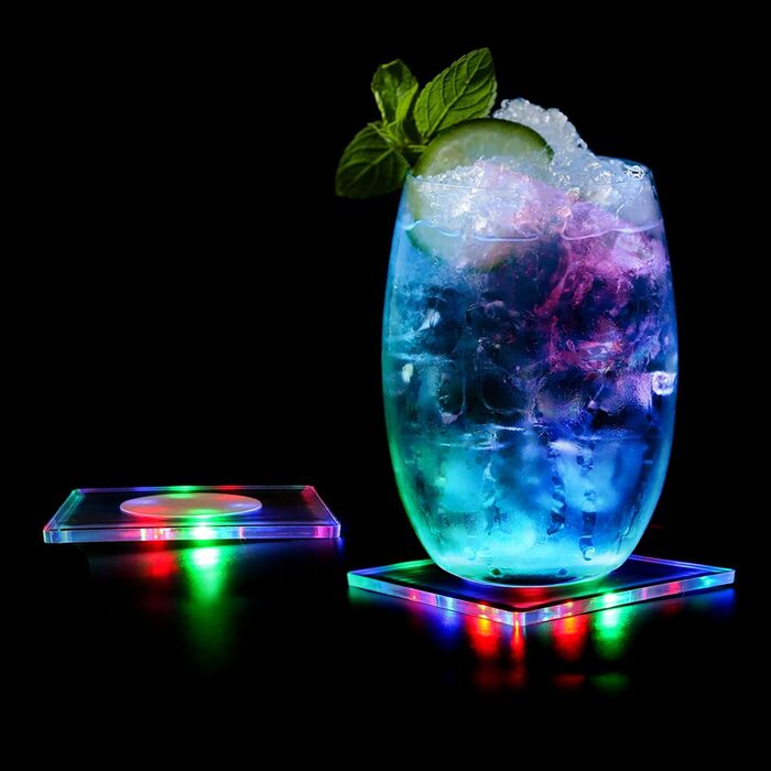 MEDOYOH Square Cool White LED Coasters for Drinks, ON/Off Switch Drink Coasters Set, Waterproof Coasters Glowing for Glasses Bottles Parties Weddings Bar Christmas (Colorful LED, 8-Piece Set)