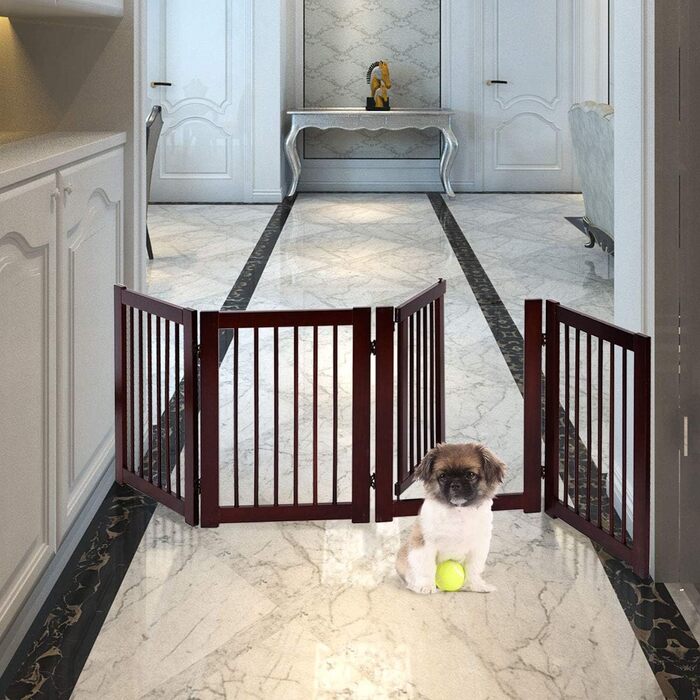 Захисний бар'єр для собак COSTWAY 76 см, 4 панелі, дерев'яний з хвірткою, для дому, дитячий, складний, коричневий