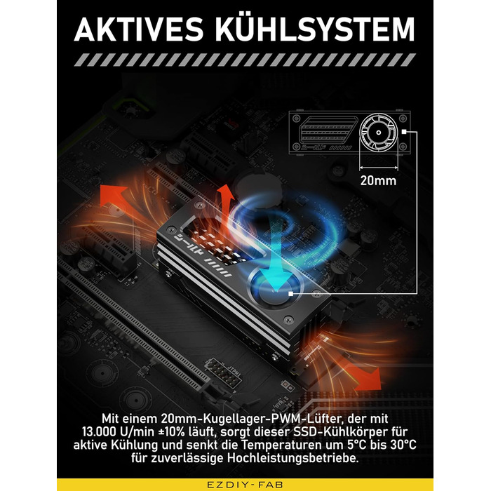 Радіатор охолодження M.2 SSD EZDIY-FAB з вбудованим 20mm PWM вентилятором, преміум-алюмінієвий дизайн, високопродуктивний кулер для M.2 2280 - Чорний - 1 шт.