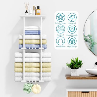 Тримач для рушників без свердління, настінний, з 6 гачками та полицею для ванної кімнати/кухні, матовий, для гостей, білий