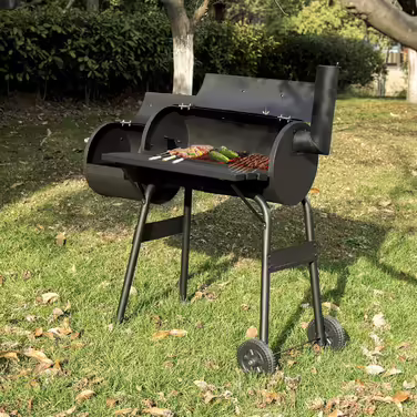 Charcoal Grill Smoker Charcoal Grill Cart 2 Chambers with Wheels Handle Stand Grill Barbecue Grill for BBQ Garden Camping Balcony, Black