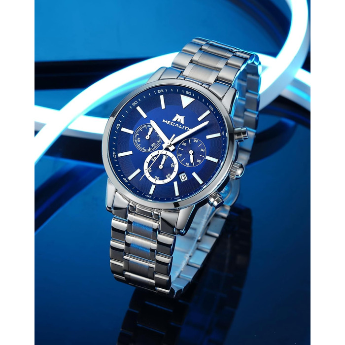 Чоловічий годинник MEGALITH з нержавіючої сталі, хронограф, водонепроникний, з великим циферблатом, датою, для роботи та відпочинку. Стильний подарунок для чоловіків (8345 Silver Blue)