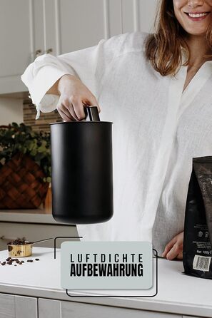 Контейнер для кави KC Kitchen & Co. – герметичний, 1700 мл, нержавіюча сталь, вакуумний клапан, для кави, чаю, цукру, мюслі, матовий чорний