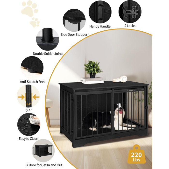 Клітка для собак Hzuaneri, 100 см, дерев'яна, з розсувними дверима, для дому, чорна (100 x 60 x 68 см)