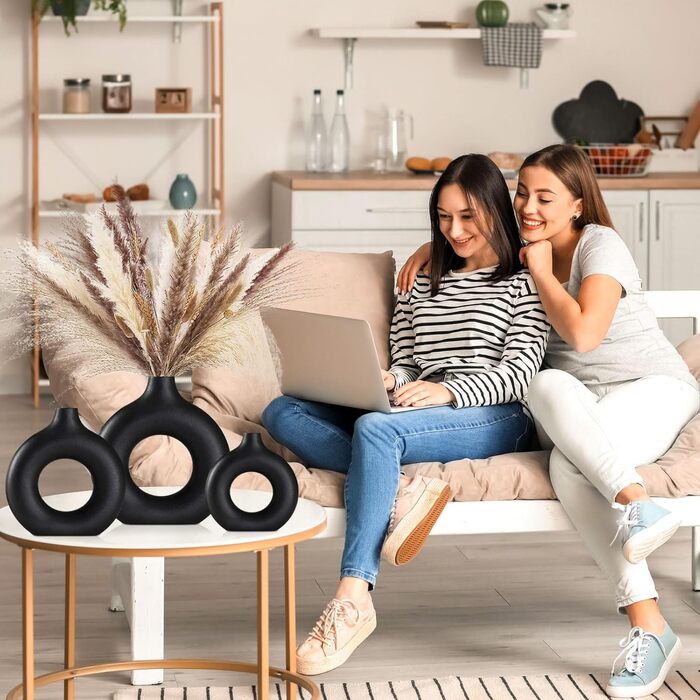 Набір ваз для квітів - 2 шт. з кераміки, білі, для декору будинку, сухоцвітів, Pampas grass, подарунок, малі та середні розміри (чорний)