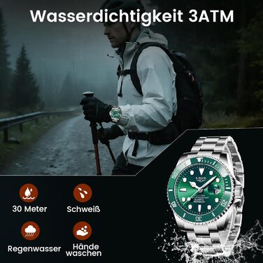 Годинник чоловічий LIGE, аналоговий кварцовий годинник з нержавіючої сталі, 3ATM водостійкий (30м), з календарем та світловим покриттям, бізнес-годинник для відпочинку (зелений)