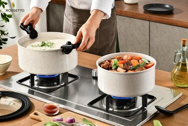 Набір посуду ROSSETTO 23 предмета з знімними ручками та керамічним антипригарним покриттям, складається для зберігання. Включає: каструлі, сковорідки, сотейники, казани. Без PFOA та PFOS.