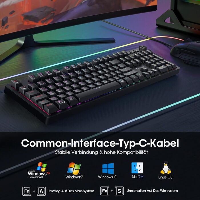 Механічна ігрова клавіатура KOORUI з підсвічуванням RGB, QWERTZ, 104 клавіші, для Windows/MacOS/Linux