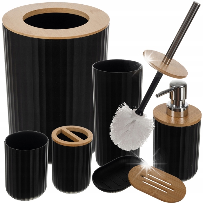 Набір для ванної кімнати RUHHY (6 предметів), чорний: кошик, йоржик для унітаза, дозатор та аксесуари, великий комплект