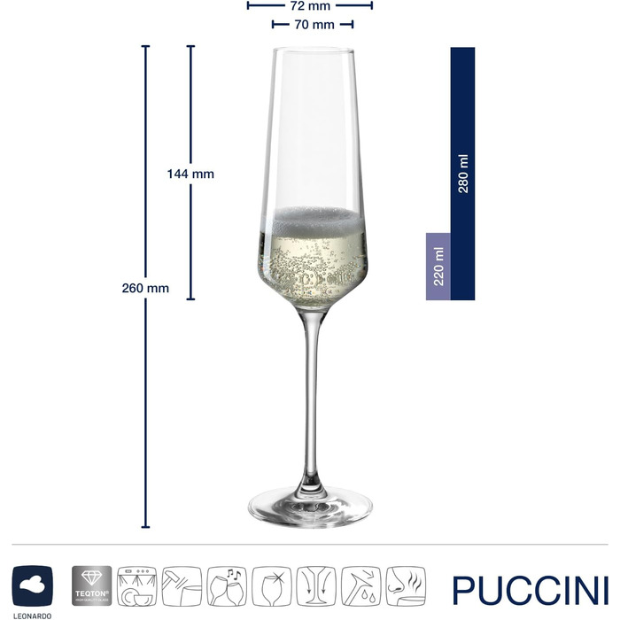 Набір келихів для просекко LEONARDO HOME PUCCINI 280 мл, 6 шт, міцне скло, підходить для посудомийки, з серветкою для полірування