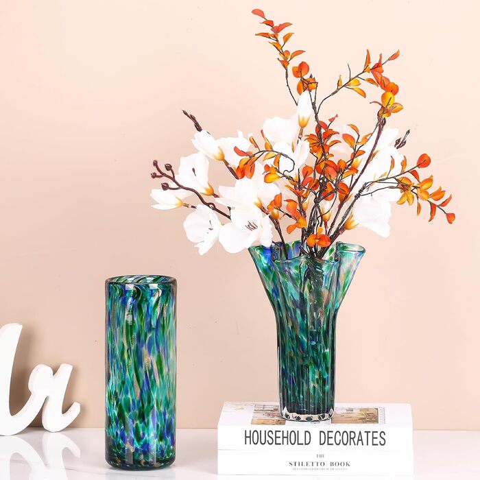 Ваза 22,9 см блакитно-зелена, виготовлена з ручного видутого скла, сучасний дизайн, широке горлечко, ідеальна для квітів та декору, для вітальні, кухні, весілля, офісу