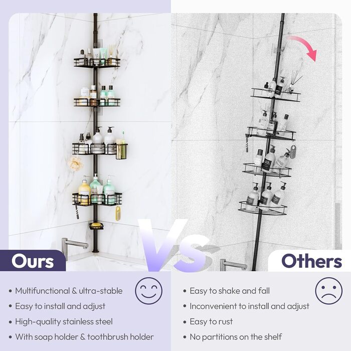 Регульована поличка для душу SWTYMIKI з нержавіючої сталі, 4 яруси, з мильницею, тримачем для зубних щіток та 4 гачками, 70-275 см, чорний (без свердління)