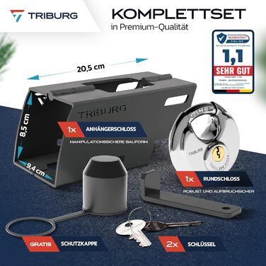 Захисний замок для причепа TRIBURG з круглим замком, для дишелів до 8,5×9,4 см, нержавіючий, страхова відповідність