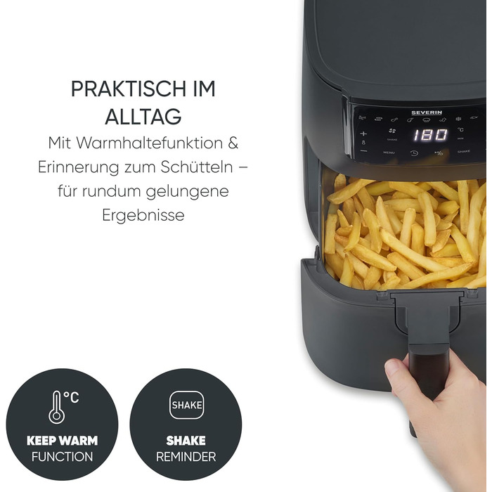 Фритюрниця Severin FryLight FR 2461: безжирова кулінарія, 1300W, 4L, чорний колір, 8 програм, Touch-Display, Warmhaltefunktion