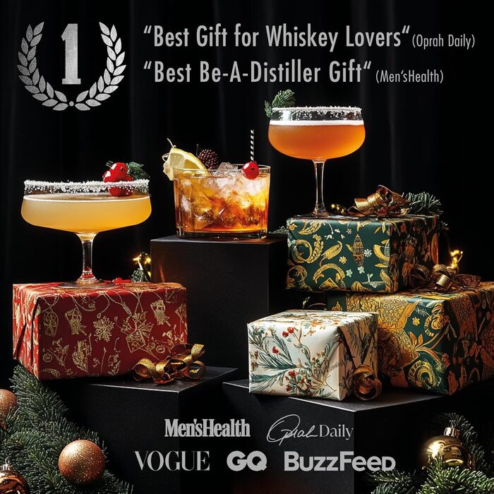 Набір для копчення віскі та коктейлів DIY - Преміум набір з дерева та ботаніки - Включає 6 дерев'яних стружок, 6 ботанічних добавок, 2 склянки, каміння для віскі, запальничка та димар - Оригінальний подарунок для чоловіків, на день народження та на Різдво