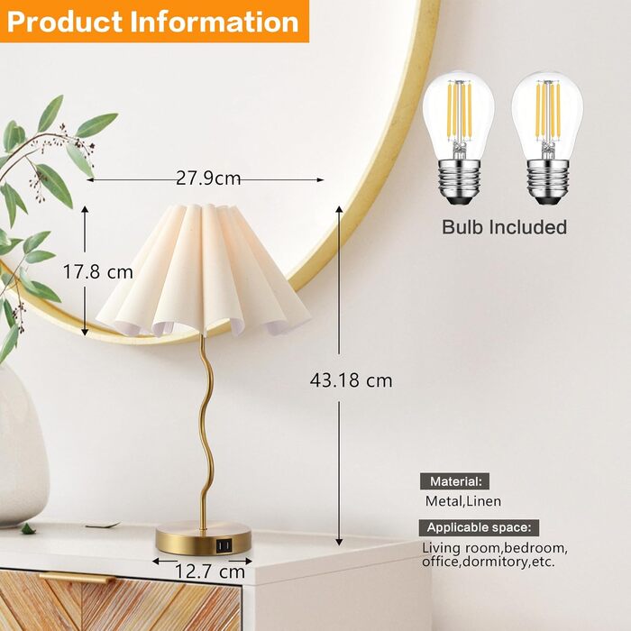 Настільна лампа EOEYYOYB з USB A+C, сенсорне керування, регулювання яскравості, абажур з льону, для спальні та вітальні, біла