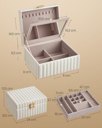 SONGMICS HOME ANAH: Шкатулка для прикрас з дзеркалом, 2 ящики, білий колір, 21.5 x 24 x 13.5 см