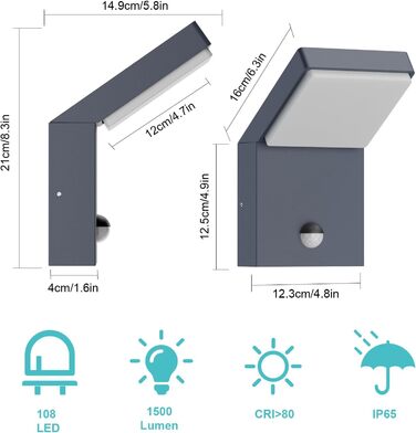 Зовнішнє вуличне світильник Klighten з датчиком руху, 24W, IP65, вологостійкий, для саду, тераси, входу, антрацит, тепле світло 3000K