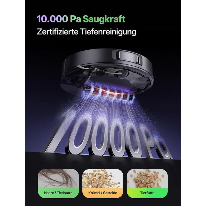 Робот-пилосос Vexilar з функцією миття підлоги, 8000Pa, LiDAR-навігація, 150 хв роботи, 15 зон заборони, керування через додаток, для шерсті тварин та килимів (W15)