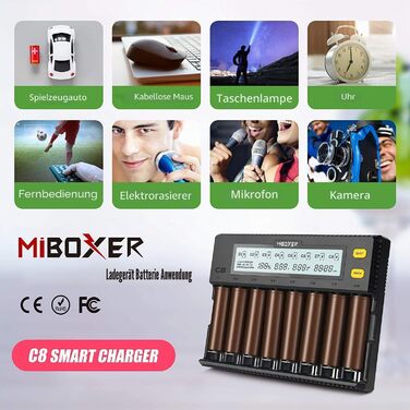 Зарядний пристрій MiBOXER для акумуляторів 18650 8-Bay з LCD дисплеєм, швидка зарядка Li-Ion, LiFePO4, Ni-MH/Ni-Cd (AA, AAA, C, 21700, 26650)