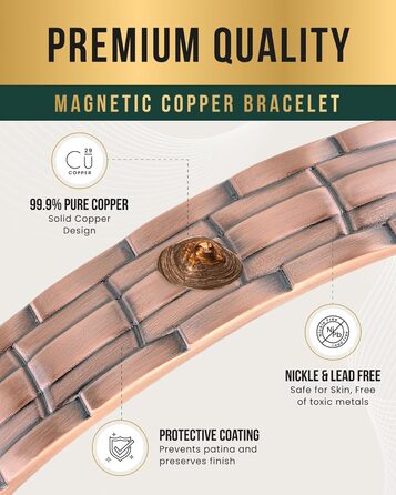 Браслет на руку чоловічий MagnetRX® з чистої міді – Мідний браслет для чоловіків для магнітної терапії – Ідеально при артриті та синдромі карпального тунелю – З інструментом для регулювання довжини (з клеймом, мідний манжет)